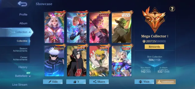 MEGA-1🔥EXO KAGA🔥ZENITH SELENA🔥8 COLLECTORS🔥STARWARS🔥NARUTO 2🔥JJK🔥DUCATI🔥SEASONS🔥ASP🔥COFFEE, Sale, Rank: Mythical, Level: 137, Win Rate: 55%, Heroes: 133, Skins: 584