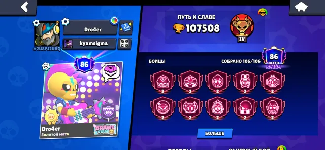 🔥 Brawl Stars | 2019 — 106/107 brawlers, 41×11, 140 epic, 20 mythic, 12 legendary, 10 supercharged, 107508 trophies, 106 brawlers, 86 primes