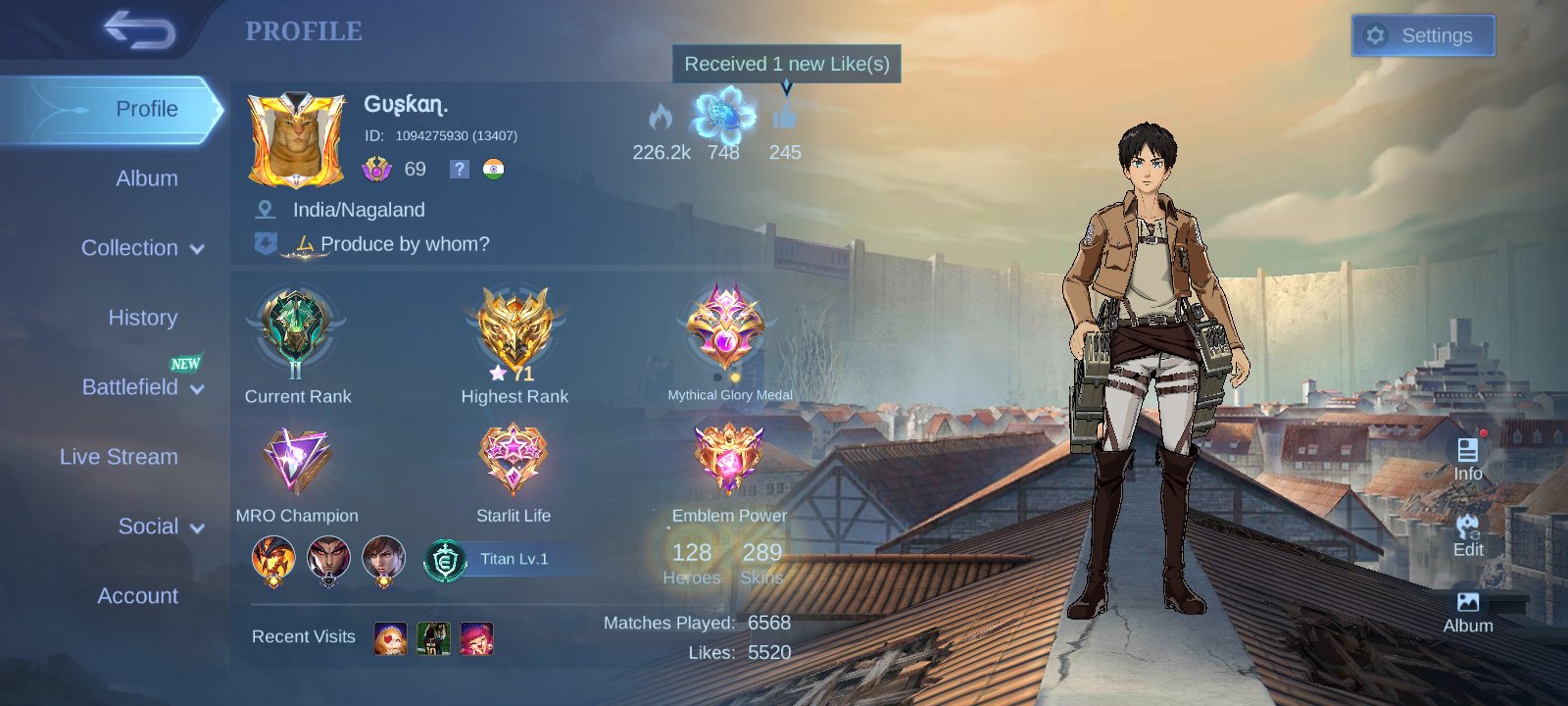 Eren Yin AOT, 163 Core, Sanrio Chang'e, Luckybox Chou Moskov Franco, Global 🔥, Sale, Rank: Mythic, Level: 99, Winrate: 54%, Heroes: 128, Skins: 289