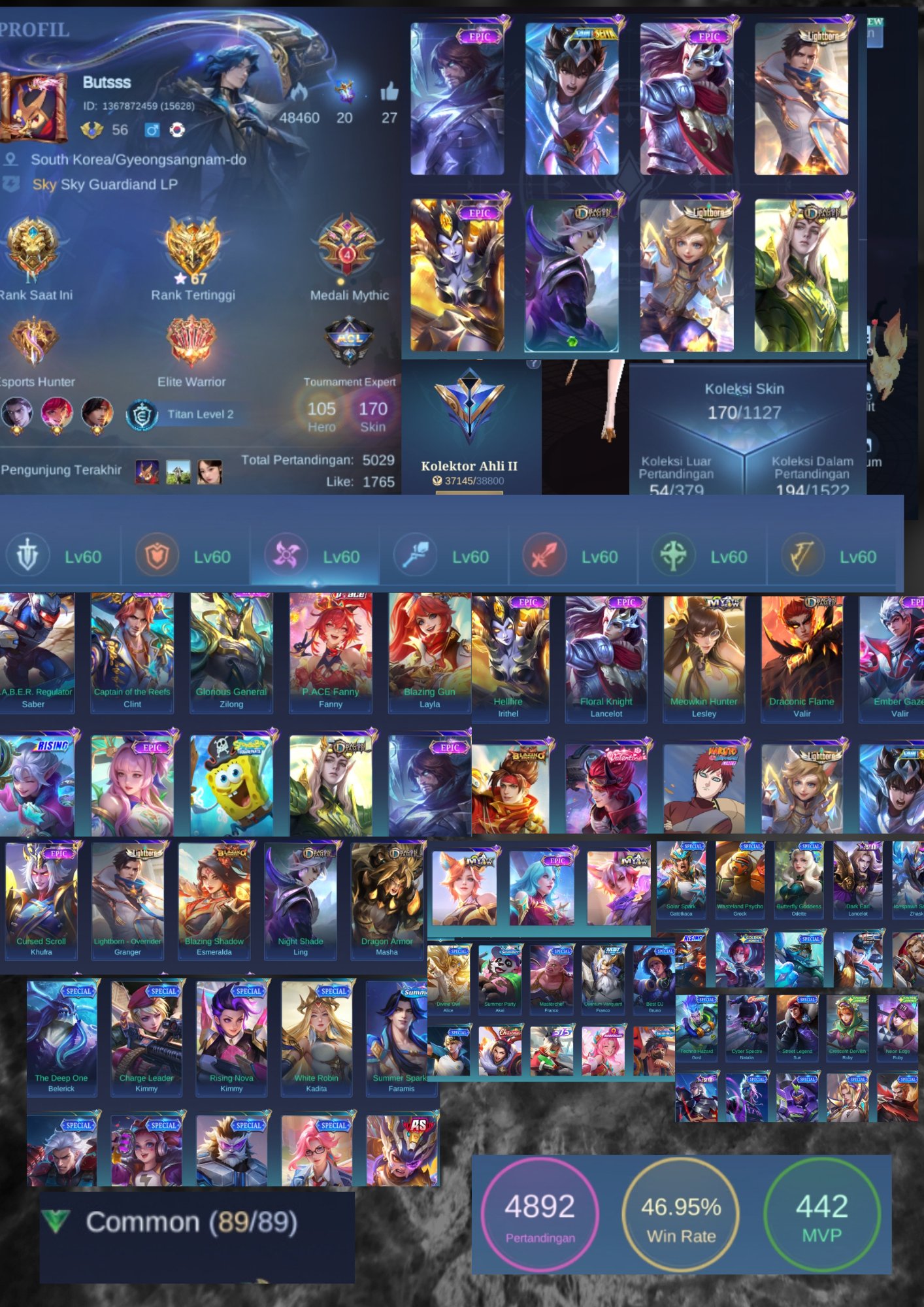 [SEA/GLOBAL] Ex-Glory 67⭐| 170 Skins | SpongeBob Cyclops, Naruto Vale | Emblem Max, Sale, Rank: Legend, Level: 56, Winrate: 46%, Heroes: 105, Skins: 170
