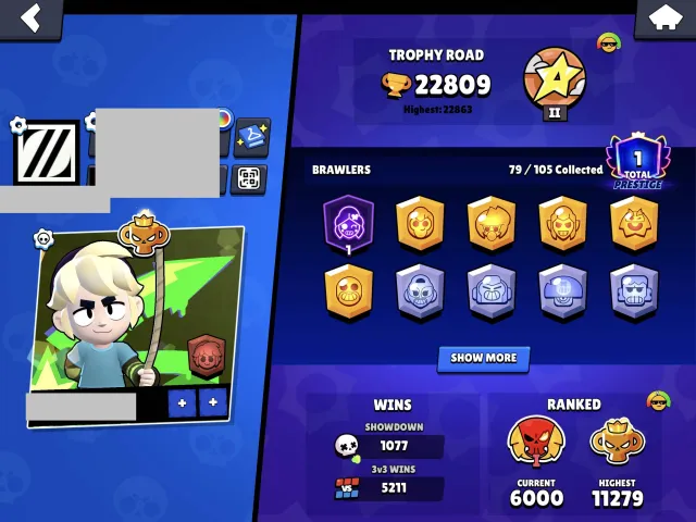 Pro rank account!, 22809 trophies, 79 brawlers, 1 prime