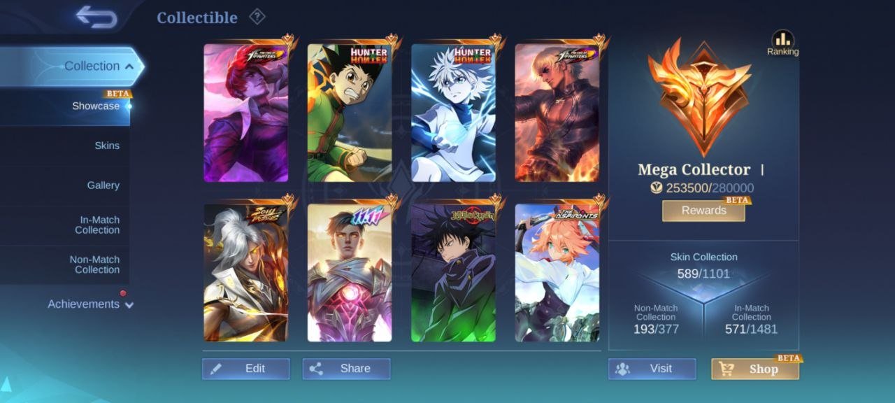 Legend Miya Gusion KOF4 Abys Moskov JJK Julian HxH2 Aspirant Full Set Ducati Bendeta Lucky13, Sale, Rank: Mythical Immortal, Level: 156, Winrate: 55%, Heroes: 132, Skins: 589