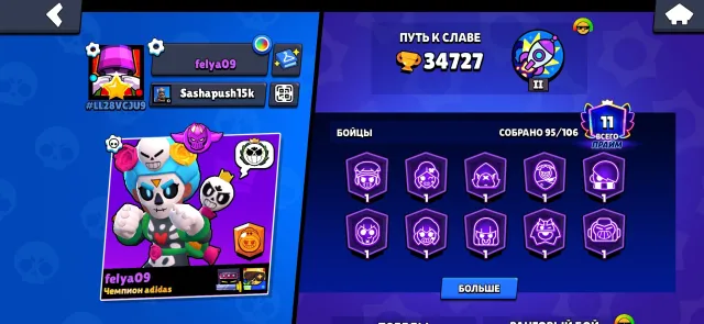 Account in BS created in 2021. Skins: 51🟣, 7🔴, 5🟡, 6 hyper skins, 34727 trophies, 95 brawlers, 11 primes