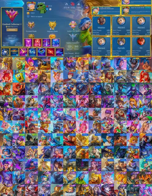 🏆 Exalted 5 🥊 Badang — Collector ✨ Claude — Premium 🎯 Granger — Prime 🤖 Roger — Transformer 💎 60+ BP, Продажа, Ранг: Мифическая слава, Уровень: 95, Процент побед: 70%, Герої: 133, Облики: 348