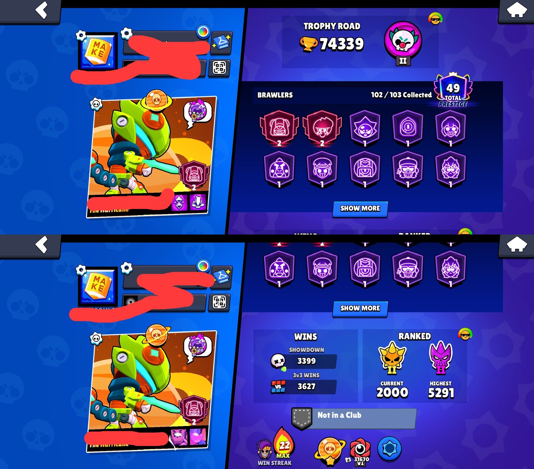 🏆𝟳𝟰𝗞🏆【🎫𝟭𝟲 BP SKINS🎫】👤1O2/1O2👤𝟯𝟮𝟬 SKINS~40k💎❰𝟲 MECHA SKINS❱📹VIDEO📹, trophies 74000, brawlers 102, primes 49