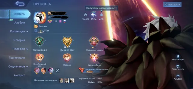 For sale: personal account, World Collector, Sale, Rank: Epic, Level: 117, Winrate: 58%, Heroes: 133, Skins: 791