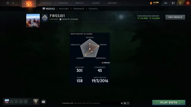 Héros | 10K intégrité, Vente, 2752 MMR, 10000 intégrité, 10000 politesse, 301 matchs, 289 heures