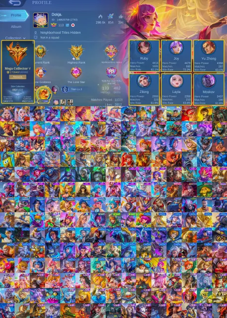 VAXENA LEGEND LAYLA COLL KAGURA EXO ARLOT COLL WANWAN 11:11 ARLOT COLLECTOR, Sale, Rank: Mythic, Level: 113, Winrate: 60%, Heroes: 133, Skins: 482