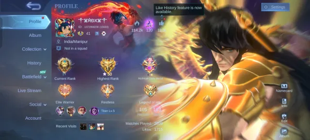 Weights Chu Saint Seiya, MetroZero X-Borg, Luckybox Alpha Johnson, Max Emblems, TP Void, Global 🔥, Sale, Rank: Mythical Glory, Level: 71, Win Rate: 50%, Heroes: 105, Skins: 163