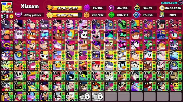 Top-tier account with top-tier progression, trophies 57700, brawlers 104, primes 7