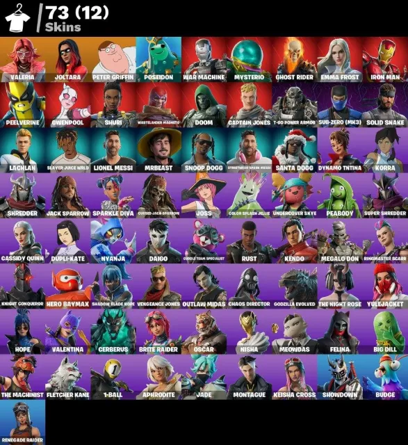 🟣 73 SKINS 🟣 1258 LVL 🟣 100 VB 🟣 Renegade Raider🟣Valeria🟣Joltara🟣Peter Griffin🟣Poseidon🟣War Ma, Продажа, скины 73