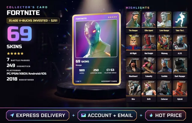 🦙 PC • PSN • XBOX • ANDROID • IOS ◆ LVL. 989 • 69 SKINS ◆ Omega, Soul Reaper, Elite Agent, Sale, skins 69