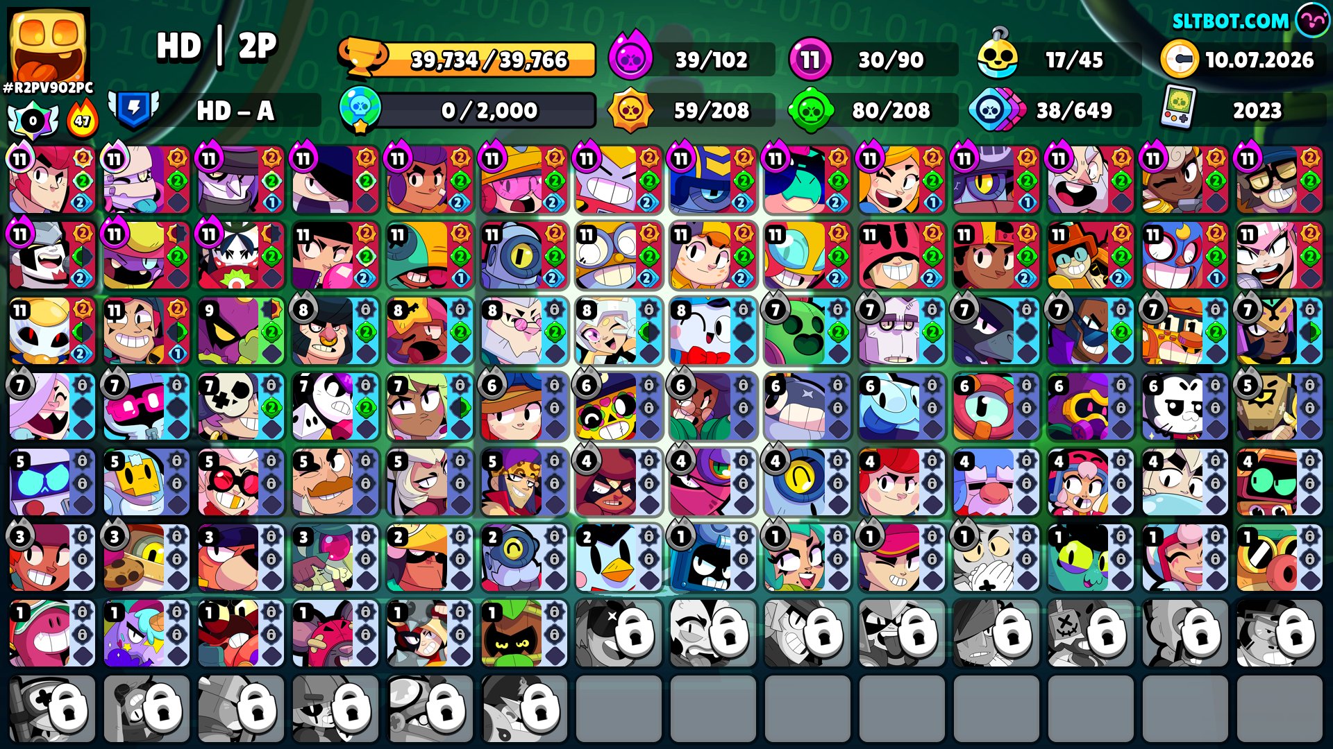 🔥39K💎90/104🥇MASTER 2025⚔️30 LVL 11🃏UNO CHESTER🎫2 BP+🎖️23 PRIMES🧽EL SPONGE🌟DOUBLE LEG 2025🛸AUTO-ISSUE, trophies 39734, brawlers 90, primes 23