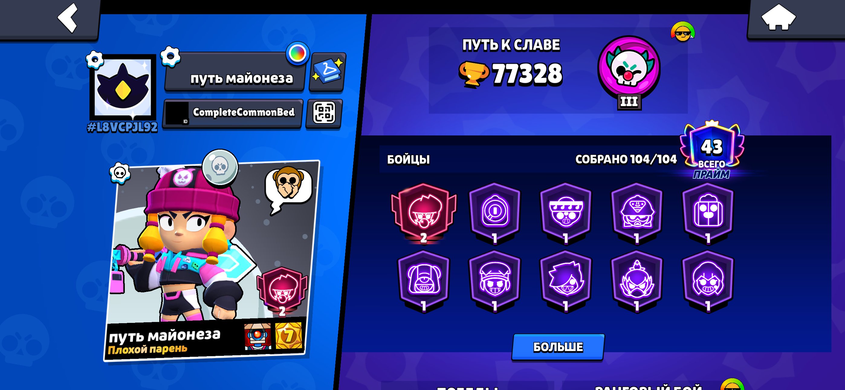 69600, 206k coins, 76k exp, 36 prime, 490 skins, trophies 80000, brawlers 104, primes 48