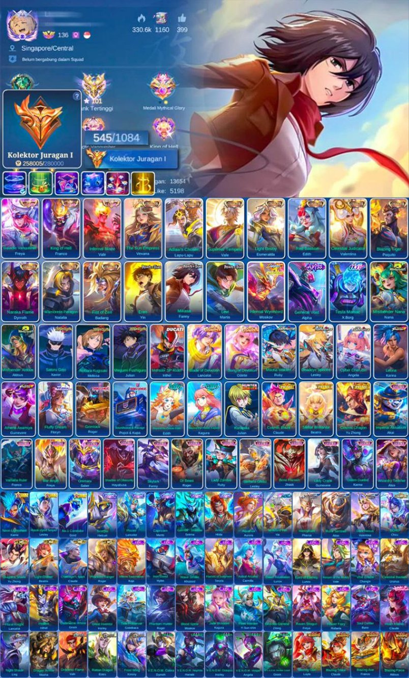 🔥LEG LEILA+2🔥⭐️10 COLLECTOR⭐️🥶MAG BATTLE 3/4🥶🔴FULL AOT🔴🛡️VALENTIN LANS🛡️♦️MOSKOV STAR♦️, Sale, Rank: Epic, Level: 84, Winrate: 54%, Heroes: 132, Skins: 545