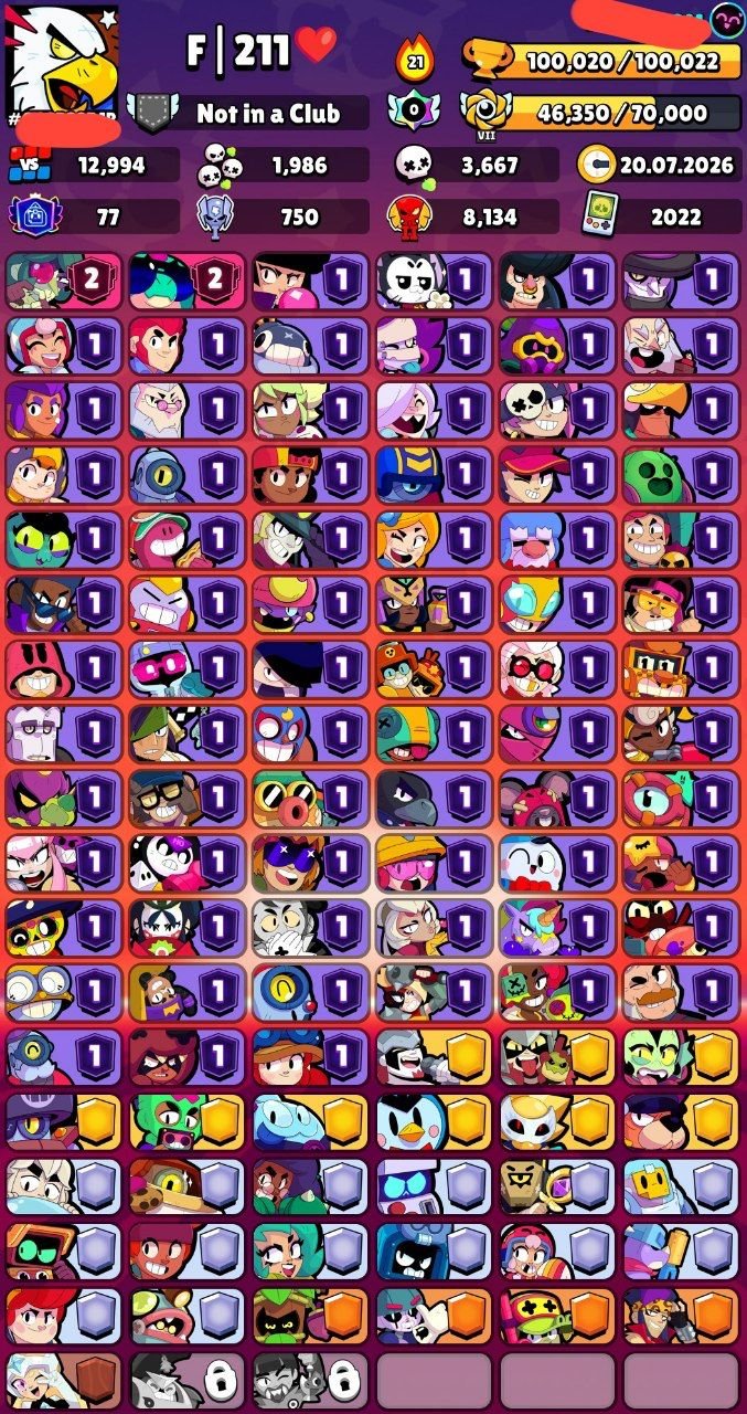 🎅📌100,020🏆🌟103/104👤94 HYPER68 11 STRENGTH🪙411 SKINS~40K GEMS🎎76 TITLES💮35 BUFFIES❇️🔰〔NICA SHIFT 60〕, trophies 100020, brawlers 103, primes 77