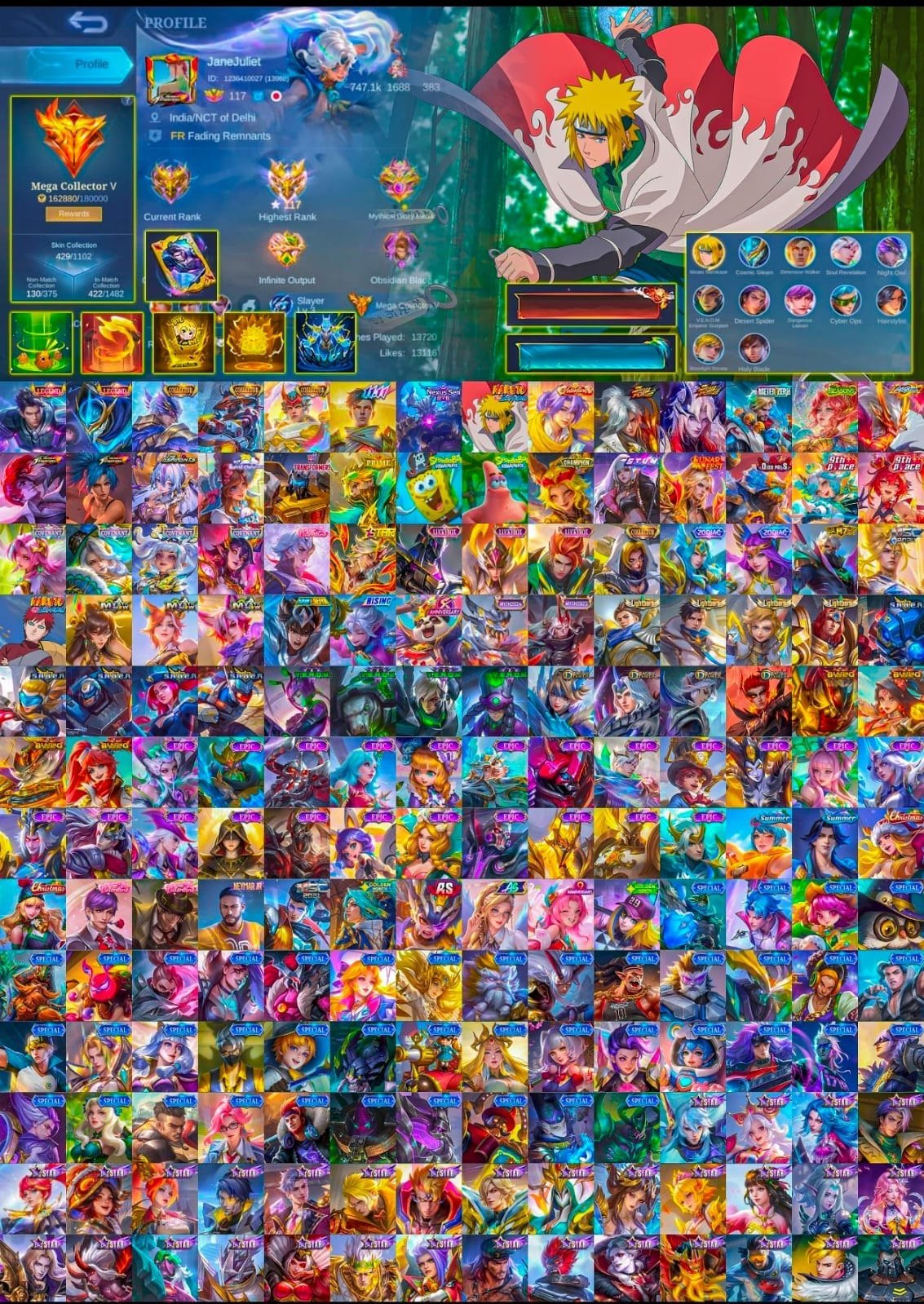 🔥 MEGA COLLECTOR, Legendary Alucard Gossen, LSS Collector Tigril, Minato Gossen, Vessel of Eimon, Sale, Rank: Mythical Immortal, Level: 117, Winrate: 49%, Heroes: 133, Skins: 440