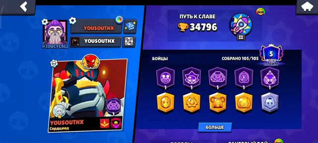 Fat account 29 11 power old BP skins, a lot of skins, 34000 trophies, 105 brawlers, 5 primes