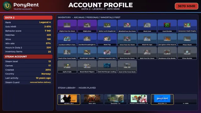 🦄 「DOTA 2」 LEGEND 4 · 3670 MMR (RANKING) ♡ 7961 BEHAVIOR ♡ FULL ACCESS 🌸 #3KNIVO, Sale, 3670 MMR, 7961 behavior, 7961 politeness, 223 matches