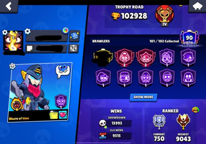 LOTS OF OG SKINS💚MASTER💛22 LEGACY PRESTIGES, TIER 3 PRIME💚METEORIC FAME, 102K TROPHIES💛, trophies 102928, brawlers 101, primes 90