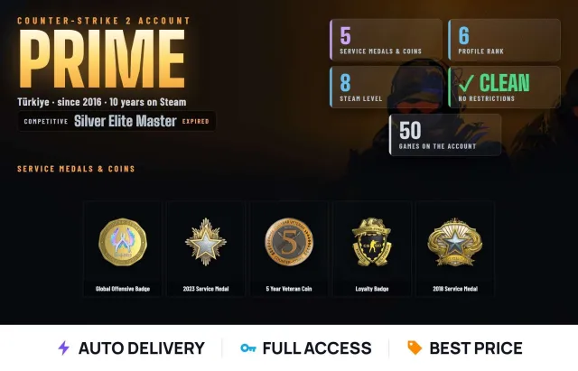 🏅 CS2 Prime 🏅 5 медалей 🏅 CS2 ур. 6 🏅 50 игр 🏅 2018 Service Medal + 2023 Service Medal, Продажа, Инвентарь пуст, Есть PRIME