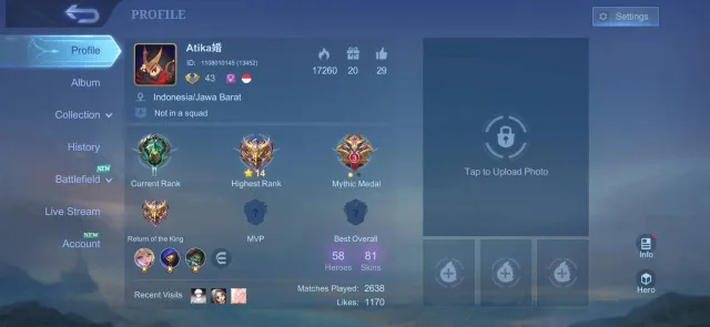 🍑 81 SKIN 🍑 🪀 58 HEROES 🪀 🧲 MYTHIC 14 STARS 🧲 🪗 11 SAVAGE + 142 MVP 🪗 🚤 INSTANT DELIVERY 🚤, Sale, Rank: Mythic, Level: 43, Win Rate: 50%, Heroes: 58, Skins: 81
