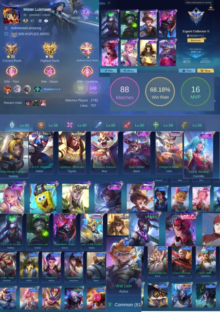 [SEA/GLOBAL] Ex-Glory 56⭐| 146 Skins | Collector Natalia High WR 68% | Crazy account, Sale, Rank: Mythical, Level: 48, Win rate: 68%, Heroes: 99, Skins: 146