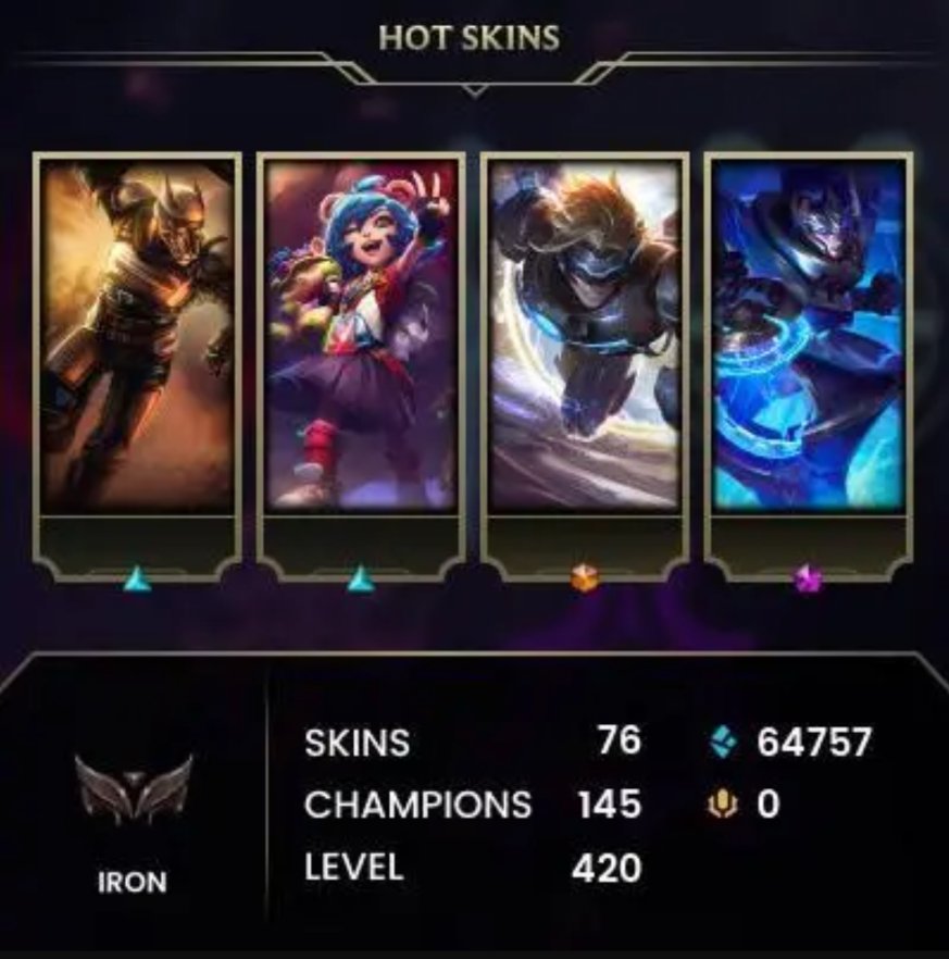 🔥LAS🔥145 Champions🔥Level 420🔥76 Skins🔥Full Access✅Guarantee✅, Sale, level 420, champions 145, skins 76, Iron