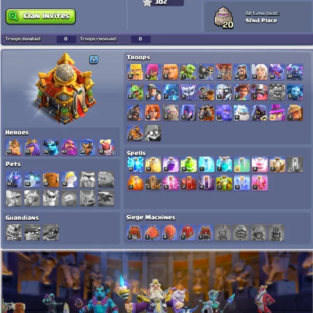 🟢 TH16 🟢 Close To Max 🟢 All Walls Lvl 17 🟢 Troops & Defense Almost Max 🟢 45-55-35-43-38-10, 16 TH Родной Деревни, 10 TH Строителя