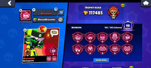 Brawl stars account, trophies 117000, brawlers 102, primes 99