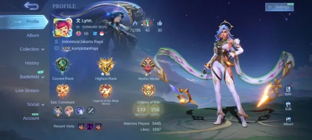 Star Karrie Epic Leomord Lunox trizla Roger Gatokacka Irthil emblem Max, Sale, Rank: Mythic, Level: 66, Winrate: 55%, Heroes: 133, Skins: 256
