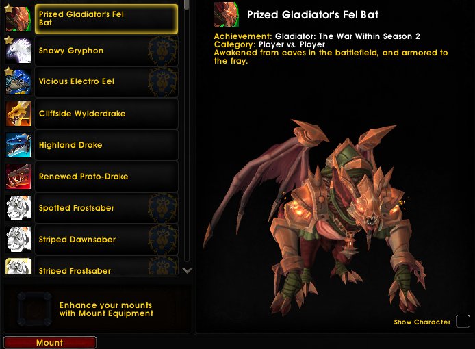 🟣R1 - Astral Gladiator(TWW ssn3) + Prized Legend (TWW ssn2), Gladiator mount ssn TWW 2,3.🟣, 80 level, Night Elf, Rogue