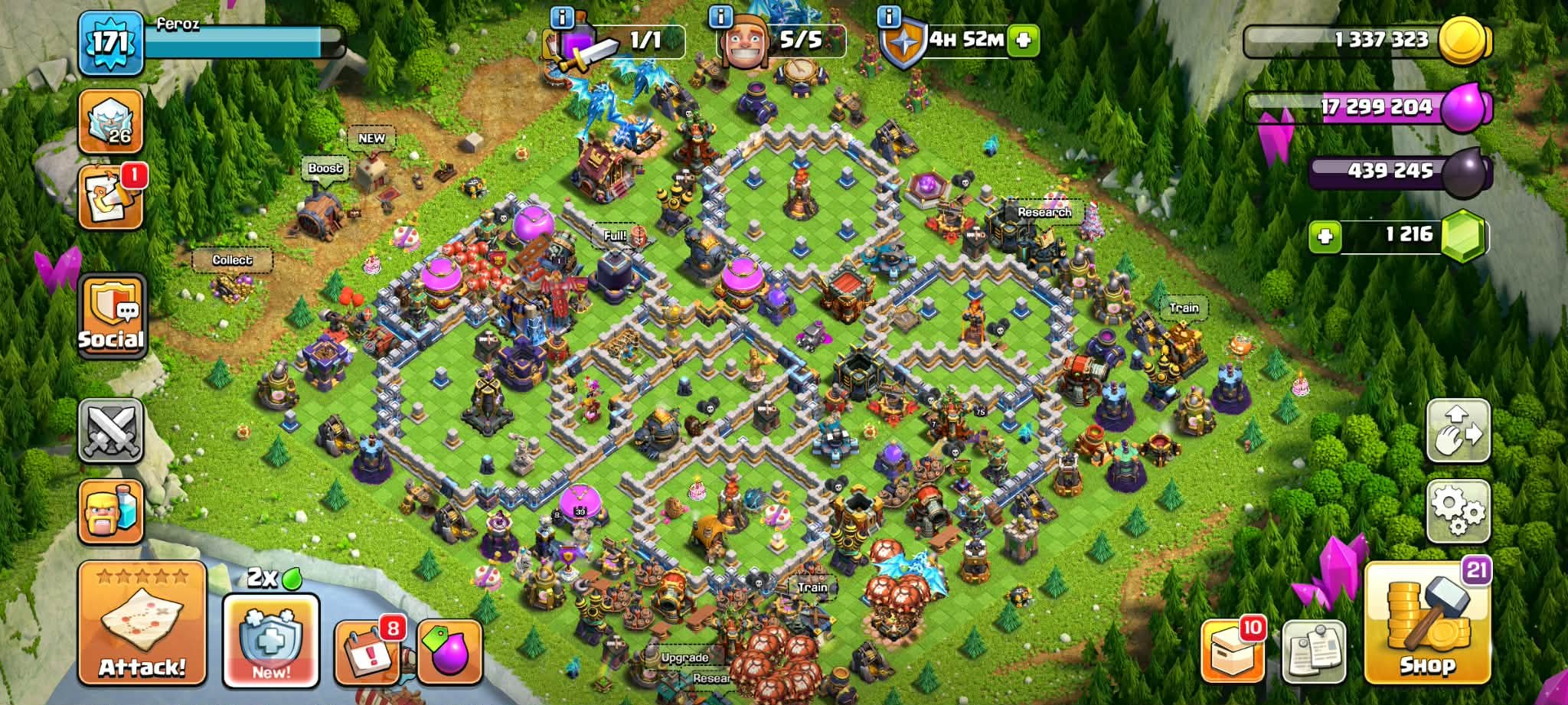 TH 17 Max~Heros-60/75/40/25~8× Hero Skin~Full Magic Item~All Equipment~Connect To Buyer Mail, 17 TH Main Village, 8 TH Builder
