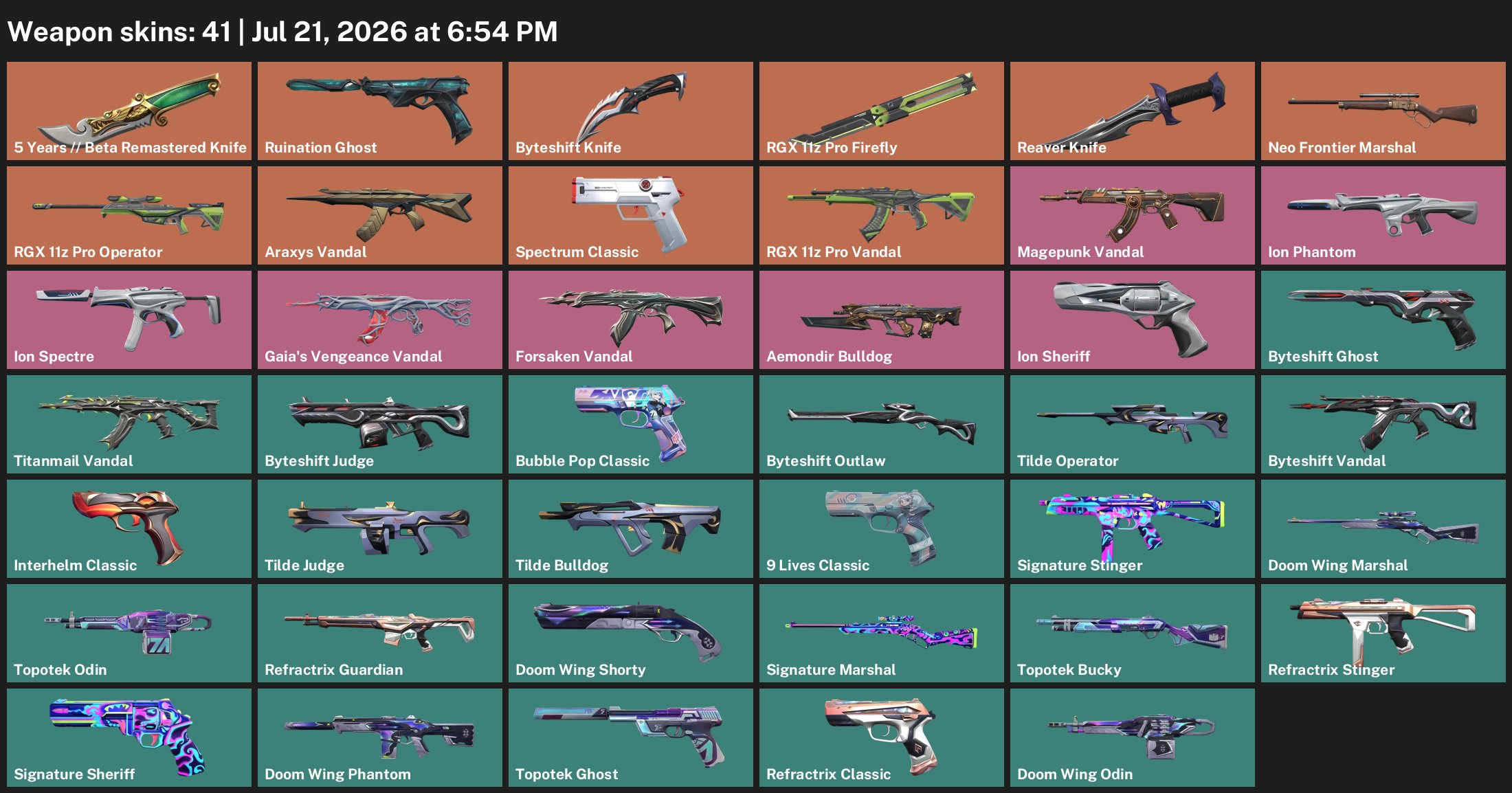 41 Skins | Knife "5 Years // Beta Remaster" + Firefly "RGX 11z Pro" | Inventory value: ~ 39,500 VP, Sale, Silver 1, Agents: 23, Skins: 41