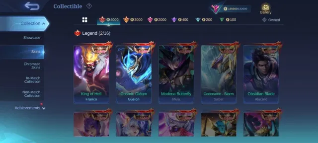 legend Franco Gusion KOF Gusion Aurora dyrotth LUCKYBOX 5 Star 2 deluxe 60 Hero emblem Max, Sale, Rank: Mythic, Level: 140, Winrate: 53%, Heroes: 133, Skins: 481