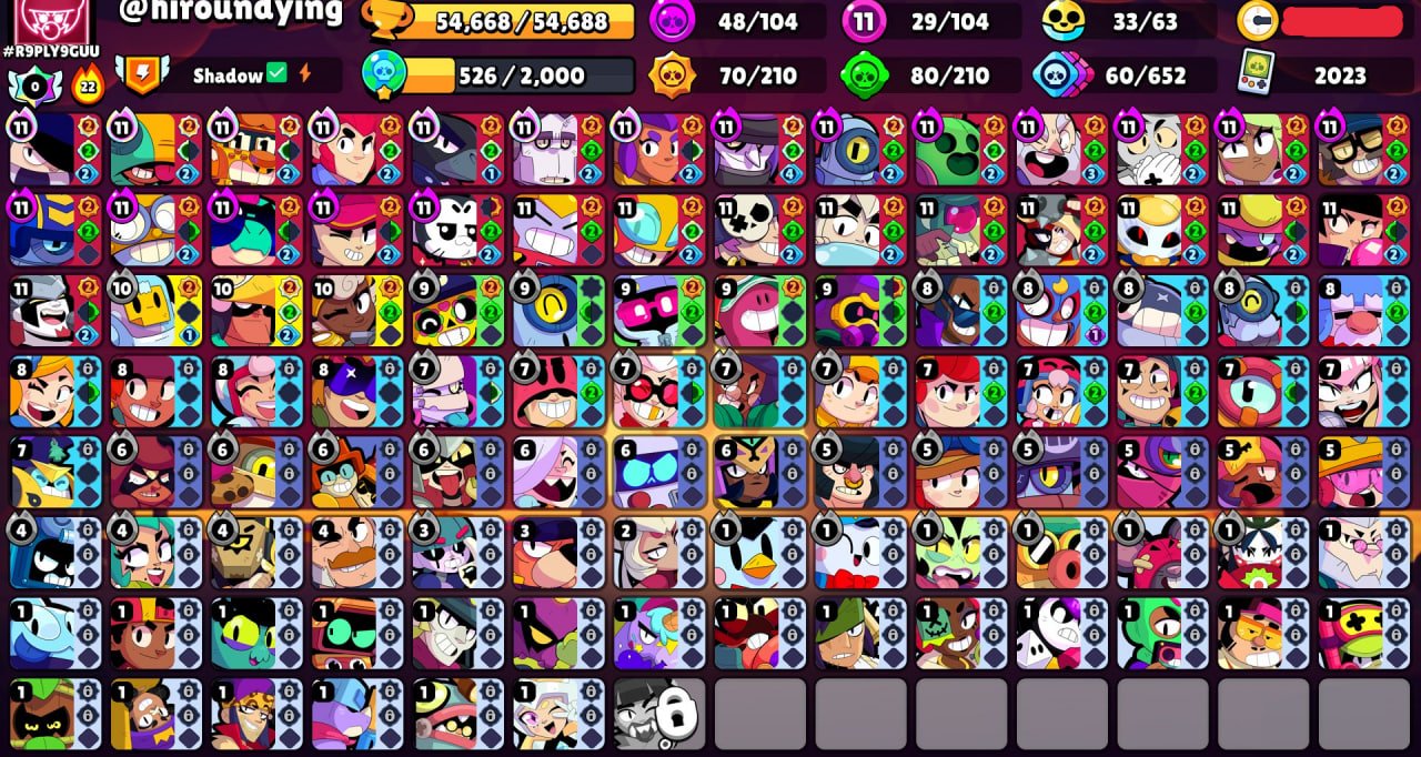 😍𝐿𝑂𝑇𝑆 𝑂𝐹 𝐵𝑃💎🏆𝟓𝟒𝟔𝟔𝟖 cups🏆🥊𝟏𝟎𝟒/𝟏𝟎𝟒 brawlers🥊🌈𝟐𝟑𝟒 skins ≈𝟐𝟑K gems🔥✅𝟐𝟗 x11 POWER✅, trophies 54668, brawlers 104, primes 30