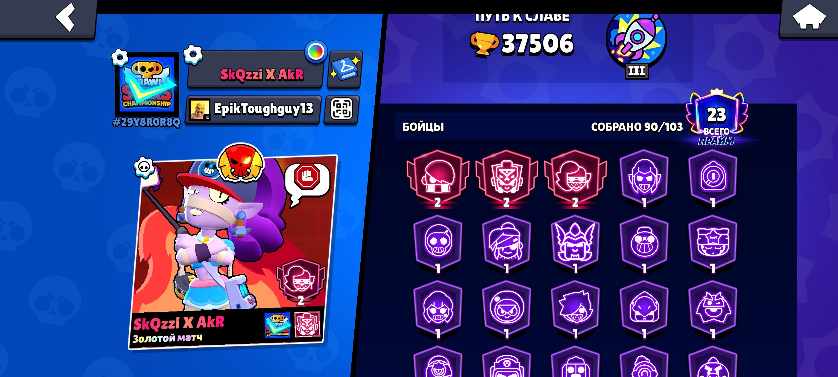 Old acc 20 years old, a lot of skins, hyper, etc., trophies 37500, brawlers 90, primes 23
