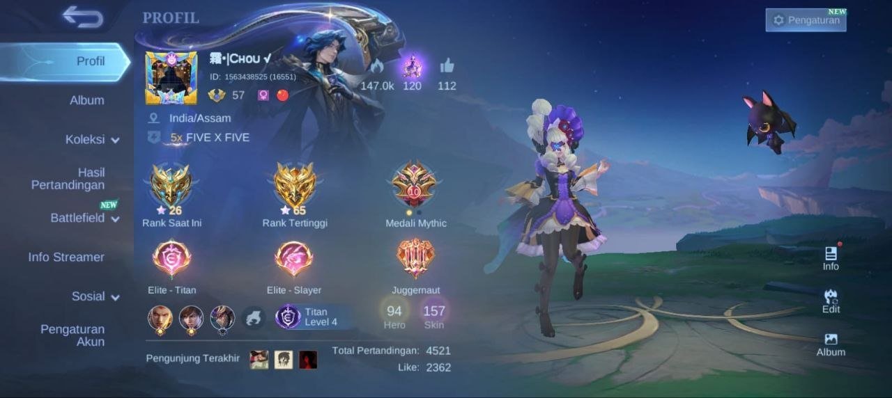 EPIC🌈(Harley⭐moskov⭐khufra⭐Gatokacka⭐Lancelot⭐carmila⭐leomord Gaara Vale)🌈 emblem Max, Sale, Rank: Mythic, Level: 57, Winrate: 50%, Heroes: 94, Skins: 157