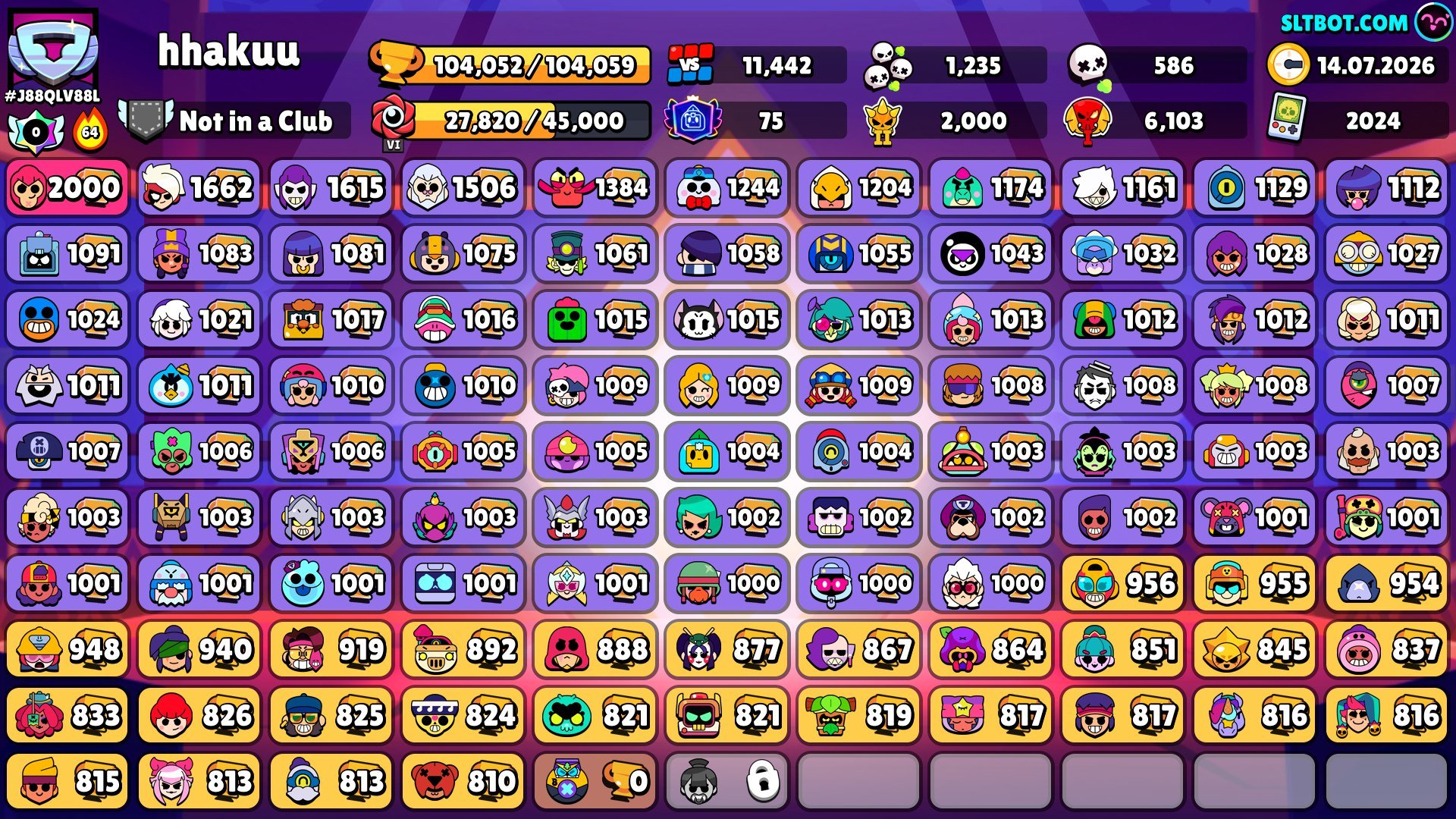 💥🏆100,000+ CUPS⚡💥LEGENDARY LEAGUE💥268+ TOP SKINS💥35+ 𝟏𝟏 POWER💥64 HYPERCHARGE, trophies 104052, brawlers 104, primes 75