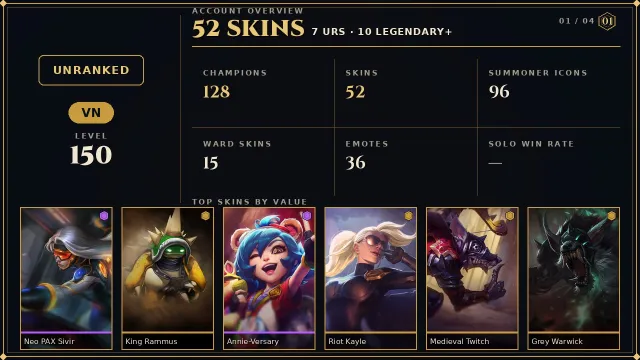 🌸52 skins + 128 champions🎀6188 BE🎀Neo PAX Sivir🎀King Rammus🎀Annie-Versary🎀Riot Kayle, Sale, champions 128, skins 52, Unranked