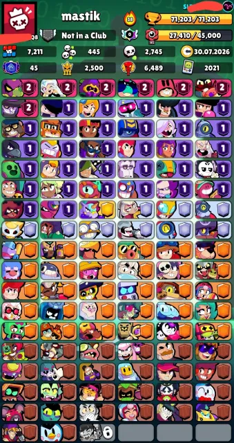 🎅📌71,200🏆🌟👤71 OPERATOR46 11 STRENGTH🪙300 SKINS ~30K GEMS🎎44 TITLES🏆💮22 BUFFS❇️🔰〔NICA CHANGE FREE.〕🔰, trophies 71200, brawlers 104, primes 45