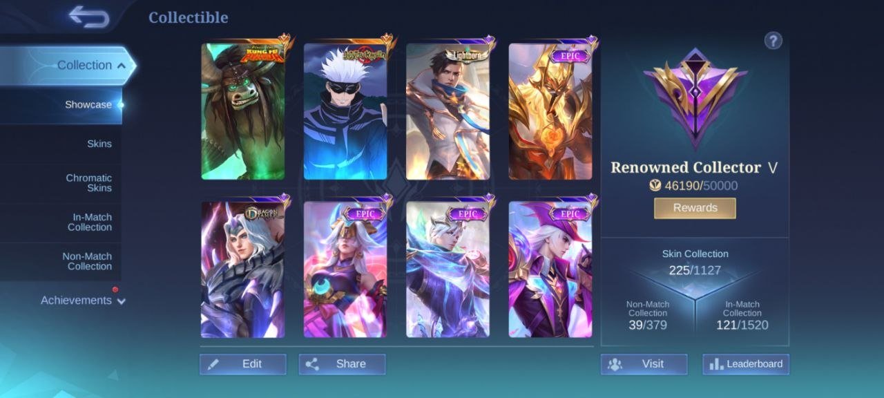 JJK gojo➤general Kai thamoz➤deluxe 28 EPIC Harley Gusion pharsha Leomord Hero emblem Max, Sale, Rank: Mythic, Level: 78, Winrate: 51%, Heroes: 128, Skins: 225