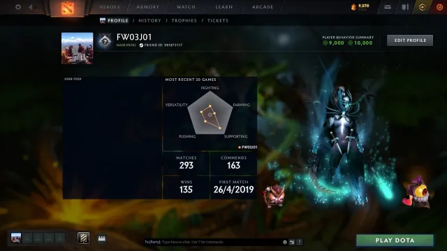 Rekrut | Arcana Phantom Assassin | 10K Anstand, Verkauf, 412 MMR, 10000 Anstand, 9000 Höflichkeit, 293 Spiele, 286 Stunden