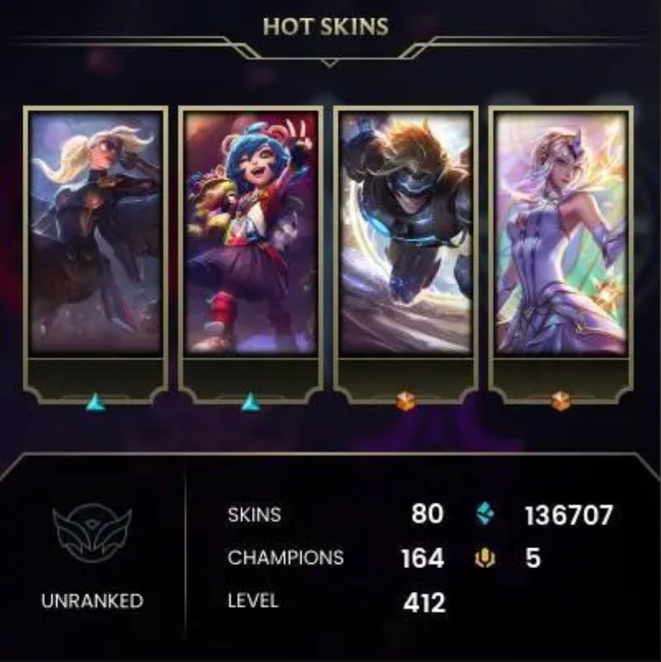 🔥LAS🔥164 Champions🔥412 Level🔥80 Skins🔥Full Access✅Guarantee✅, Sale, level 412, champions 164, skins 80, Unranked