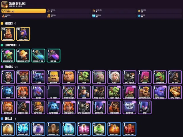 10 TH 💠 1100+ trophies 💠 6 BH 🎯 60 hero levels 💠 78 troop levels, 10 TH Home Village