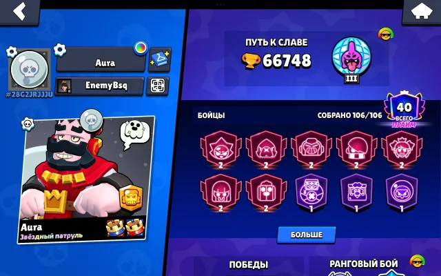 👑66К✨106/106🔵СИНИЙ КОРОЛЬ ФРЭНК🔴КРАСНЫЙ КОРОЛЬ ФРЭНК🏴☠️ПИРАТСКИЕ СКИНЫ🏆22 11 СИЛ⚠️-ГЕМЫ🤖АВТОВЫДАЧ, 66748 кубков, 106 бравлеров, 40 праймов