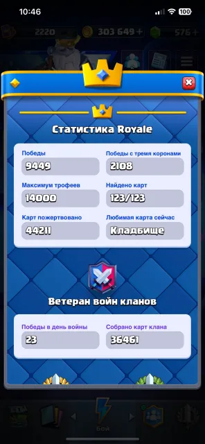 Account is 9 years old, 1 arena, level 2220, 14000 trophies, 123 cards, 23 legendaries, Available