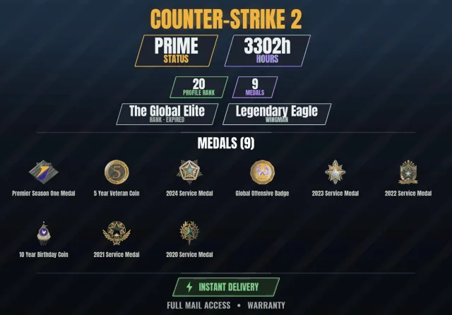 【CS2 Prime✨3300h🏆9 medals】 10-year anniversary coin, Service medal 2020, Service medal 2021, Sale, With inventory, Has PRIME