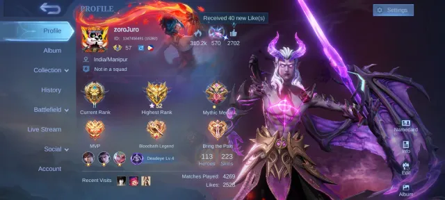 Prime Granger, KOF Karina, Lucky Box Moscow Curry Selena, Max Emblems, Global 🔥, Sale, Rank: Mythical Glory, Level: 87, Win Rate: 57%, Heroes: 113, Skins: 223