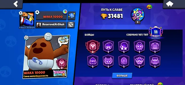 account theme, 31000 trophies, 107 brawlers, 11 primes